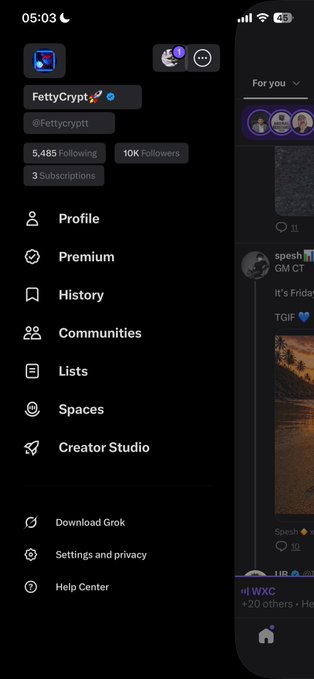 A mobile screenshot showing the menu of a social media profile for 'FettyCrypt' with 10K followers and 3 subscriptions, displaying options like Profile, Premium, and Communities.
