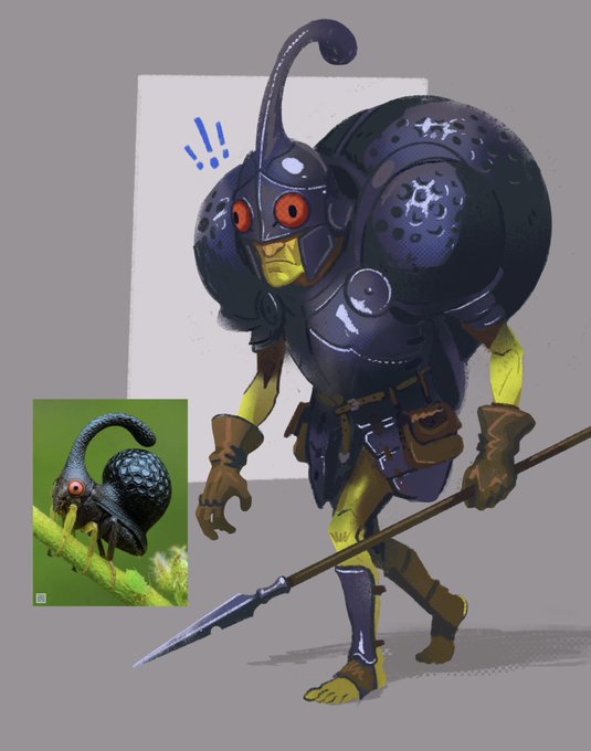 A digital character design of a warrior with a bug-like helmet and armor, holding a spear, with a reference photo of a treehopper insect inset in the corner.