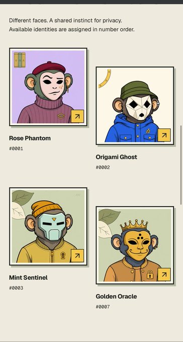 A screenshot from the Zcash Club NFT collection showing four illustrated monkey identity cards with names and numbers: Rose Phantom (#0001), Origami Ghost (#0002), Mint Sentinel (#0003), and Golden Oracle (#0007), each featuring a unique design with a "Different faces. A shared instinct for privacy" header highlighting the collection's privacy theme.