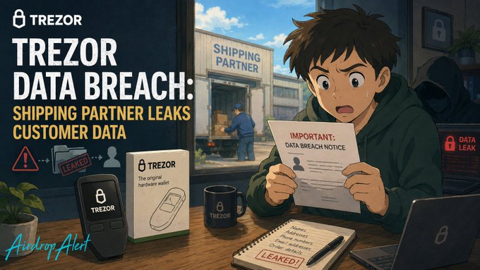 An anime-style illustration depicts a shocked young man reading a "Data Breach Notice" letter in his home, with a Trezor hardware wallet, packaging, and laptop on his desk, alongside a scene of a "Shipping Partner" warehouse being accessed by a figure in the background. The image visually reinforces the post's warning about the Trezor data breach affecting 13,000+ customers, emphasizing the risk of leaked names, addresses, and phone numbers leading to phishing attempts, while reassuring that the crypto assets themselves remain secure.