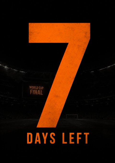 A countdown graphic featuring a large orange number '7' with 'DAYS LEFT' beneath it, set against a dark stadium background with 'WORLD CUP FINAL' visible.