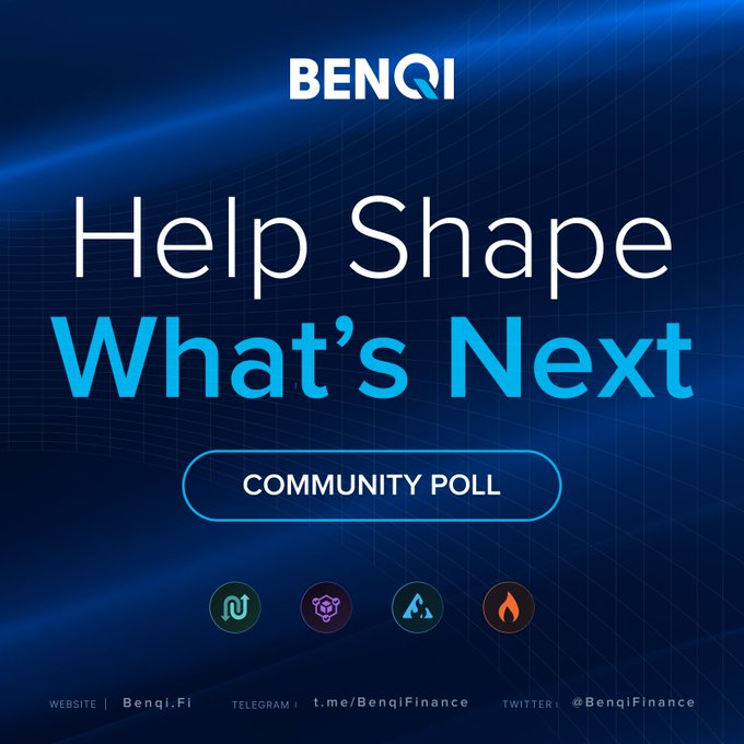 A promotional graphic for BENQI featuring the text 'Help Shape What's Next' with a Community Poll button, set against a blue grid background with their website and social media handles.