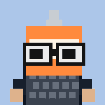 Pixel art avatar of a character with orange skin, black square glasses, a small white hat, and a dark blue keyboard-patterned shirt against a light blue background.
