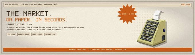 A pixel-art style website header for 'THE MARKET. ON PAPER. IN SECONDS' with tagline 'FITTNESS + 6 RMR' and an illustration of a vintage cash register.