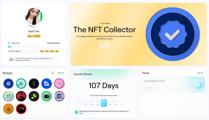 The image shows a page on a computer that has been created using an online tool called "DesignIt". The page is organized into sections, each with various icons placed throughout. There are also many badges displayed across different areas of the design. The title of this particular page reads "The NFT Collector", which implies the purpose of creating the design - to collect data related to a specific topic or concept. In addition, there's an image featuring a green badge on it next to the text that says " 107 days". This badge could be used as a visual representation of the duration for which the user has been collecting and organizing this information.