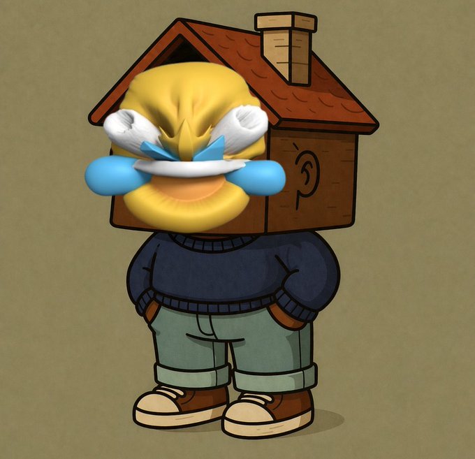 A cartoon illustration of a character with a brown wooden house for a head, featuring an angry yellow face with blue tears, wearing a dark sweater and green pants.