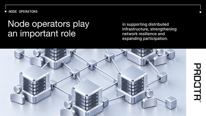 A Prodamia promotional graphic titled 'Node operators play an important role,' showing 3D illustrations of interconnected server nodes and figures with text about supporting distributed infrastructure.