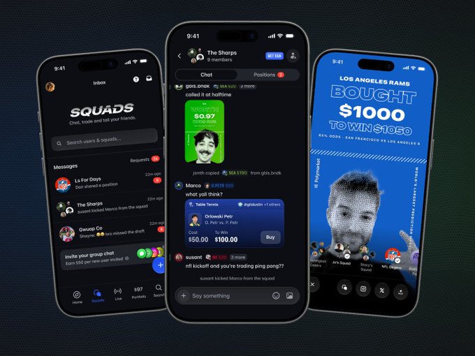 Three smartphones display the Inbox app interface, featuring sections labeled 'SQUADS', a chat group named 'The Sharps', and a 'LOS ANGELES RAMS BOUGHT $1000 TO WIN $1050' prediction market.