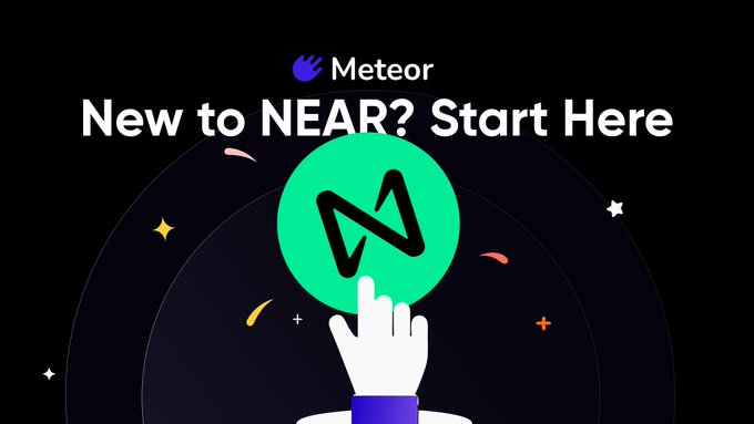 A promotional graphic reading 'Meteor - New to NEAR? Start Here' featuring an illustrated hand pointing to a green NEAR logo.