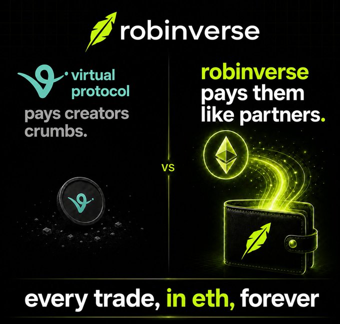 The image presents a side-by-side comparison contrasting "Virtual Protocol" (which "pays creators crumbs") with "RobinVerse" (which "pays them like partners"), featuring an ETH coin flowing into a wallet alongside the tagline "every trade, in eth, forever." This visual ties directly to the post's announcement of $VERSE going live on Virtuals.io, positioning RobinVerse as a creator-friendly alternative within the virtual, onchain ecosystem.