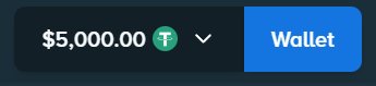 A digital wallet interface displays a balance of $5,000.00 in Tether (T) next to a blue "Wallet" button, illustrating a cryptocurrency balance that could be used to claim a deposit bonus on stake.com.