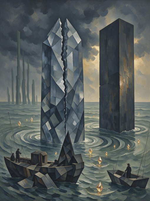 A surreal painting depicting a cracked crystalline monolith and a dark obelisk rising from a swirling sea, with geometric boats, faceless figures, and floating diamond-shaped objects under a stormy sky.