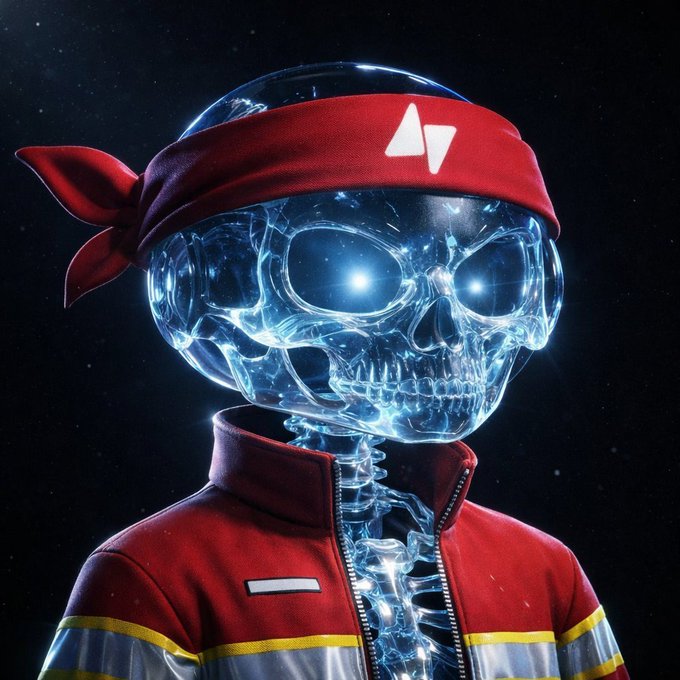 A digital art piece featuring a transparent glass skull with glowing blue eyes, wearing a red bandana and a red and yellow striped jacket against a starry background.