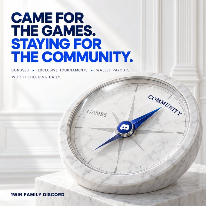 The image features a promotional graphic for the '1WIN FAMILY DISCORD' with the tagline 'CAME FOR THE GAMES. STAYING FOR THE COMMUNITY.' alongside a marble compass pointing towards 'COMMUNITY'.