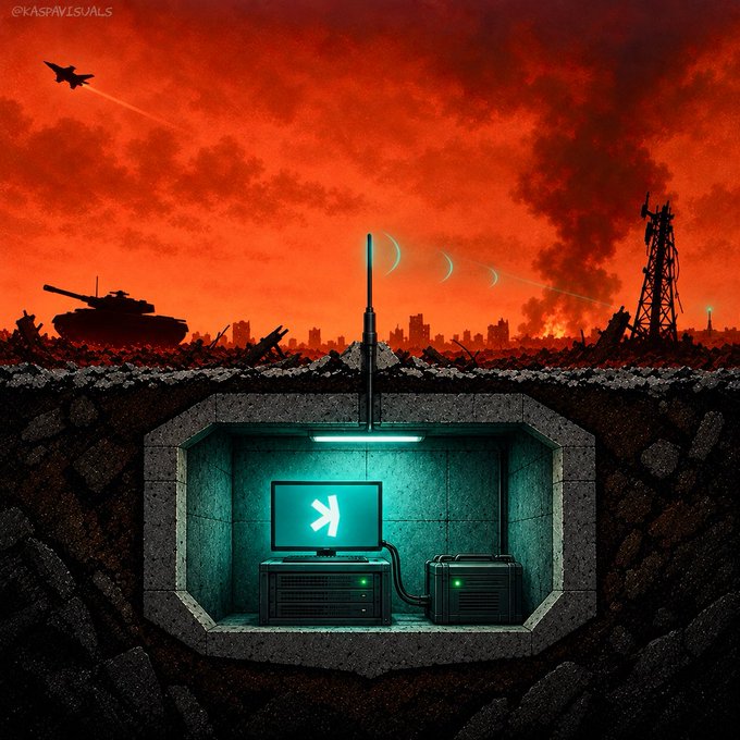 A digital illustration with the watermark "©KASPAVISUALS" depicting an underground bunker containing a computer displaying the Kaspa logo and server equipment, while a war-torn landscape with a tank, fighter jet, and missile launches rages above under a red sky.