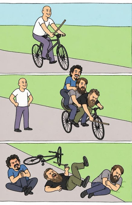 A bald man rides a bicycle carrying a stick, while three bearded men pile onto a bike in an attempt to copy him, ultimately crashing in a tangled heap. The comic mirrors the post's satire of Bitcoin's calm progress being disrupted by altcoin imitators (Dash, Crash, Fork) who tack on excessive features, crash spectacularly, and harm themselves.