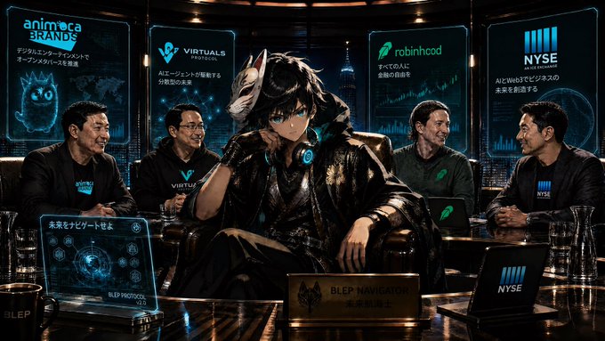 AI-generated image depicting an anime character seated at a table with several men, with screens in the background showing brands like 'animoca BRANDS', 'VIRTUALS', 'robinhcod', and 'NYSE', and 'BLEP NAVIGATOR' text on a laptop.