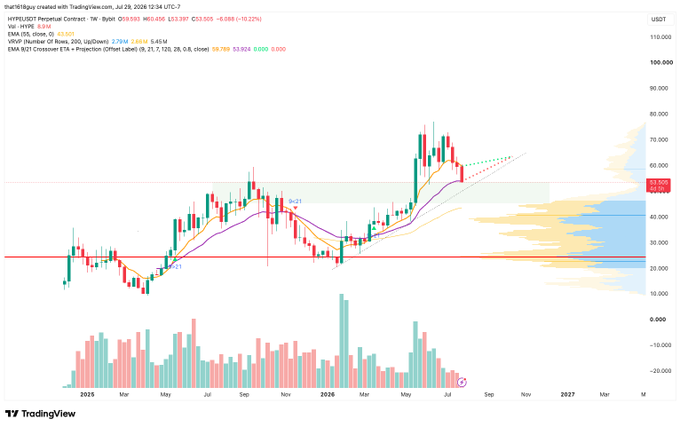 A TradingView weekly chart for $HYPE/USDT (Hyperliquid) on Binance shows the price retesting its 1W 21 EMA near $50, with the current price marked at $53.505 (-0.08%), aligning with the analyst's call to buy at the $40–$50 zone near the governing trendline from the lows and prior September highs.