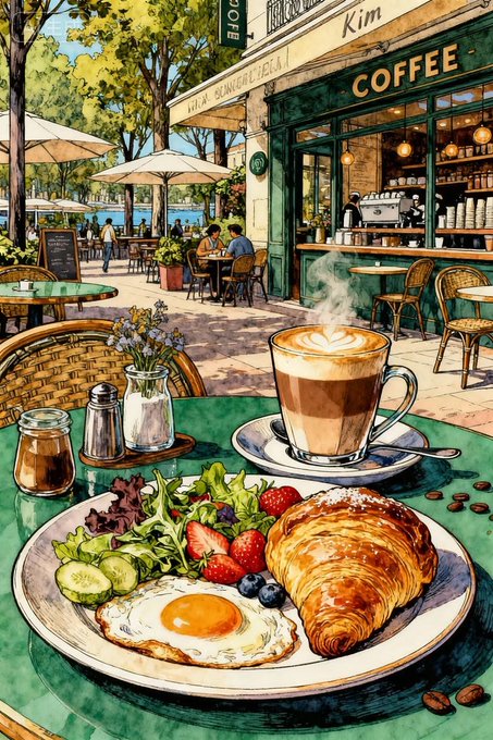 An illustrated scene of a Parisian-style cafe with outdoor seating, featuring a foreground table with a latte, croissant, and salad.