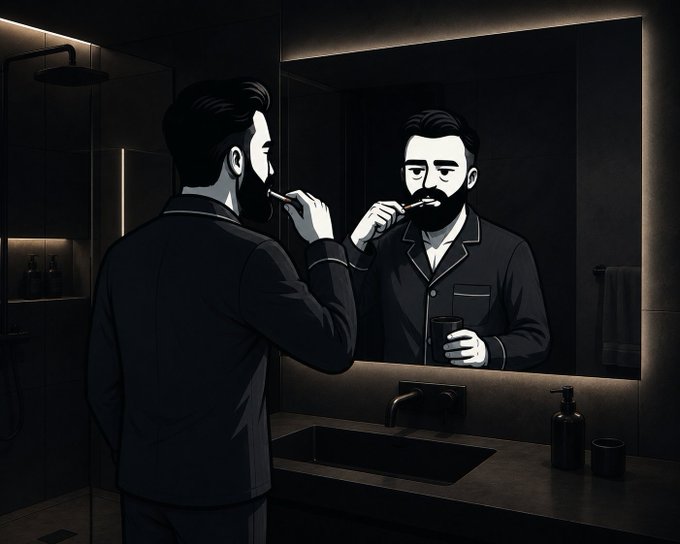 A stylized, dark illustration of a bearded man in pajamas brushing his teeth while looking in a bathroom mirror.