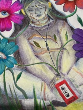 The image features a woman sitting cross-legged, holding a red CD case while wearing headphones. She has her eyes closed, appearing to be lost in thought or daydreaming. The background of the image consists of flowers with purple, blue, and pink colors, creating an artistic and whimsical atmosphere. The post that accompanies this image reads: "It feels like I'M finally seeing myself the way I always hoped to. I'M sitting there with my eyes closed, letting the music pour into me, and for once I'm not fighting anything... I'M just breathing... #xtz".