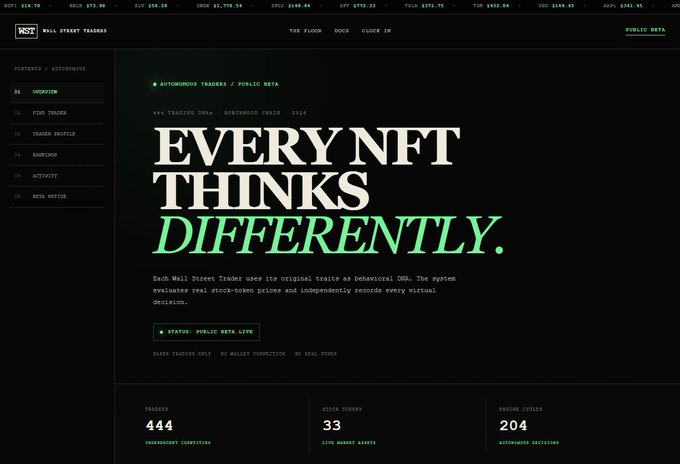 A screenshot of the Wall Street Traders website displaying the text 'EVERY NFT THINKS DIFFERENTLY' with statistics for traders (444), stock tokens (33), and engine cycles (204).