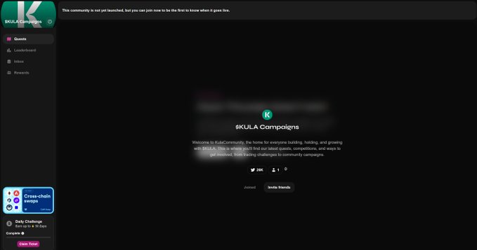 A screenshot of the #KULA Campaigns community page on Zealy.io displays a welcome message: "Welcome to #KULACommunity, the home for everyone building, holding, and growing with $KULA. This is where you'll find our latest quests, competitions, and ways to get involved." It features 29K members and an "Invite friends" option, promoting the newly launched Zealy community for the $KULA summer kickoff giveaway.