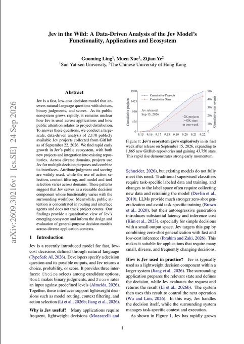 The image shows the first page of an academic paper titled "Jev in the Wild: A Data-Driven Analysis of the Jev Model's Functionality, Applications and Ecosystem" by Guoming Ling, Muen Xue, and Zijian Ye from Sun Yat-sen University and Chinese University of Hong Kong, dated September 24, 2026. The page includes an abstract describing Jev as a fast, low-cost decision model, along with a chart showing GitHub activity growth (reaching 1,865 new repositories and 43,750 stars by September 15, 2026), which directly corresponds to the research findings highlighted in the accompanying post about analyzing 2,170 GitHub projects built on Jev.