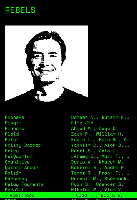 A 'REBELS' list of crypto/fintech companies including PhonePe, Robinhood, and Razorpay alongside their founders, featuring a pixelated headshot at the top.
