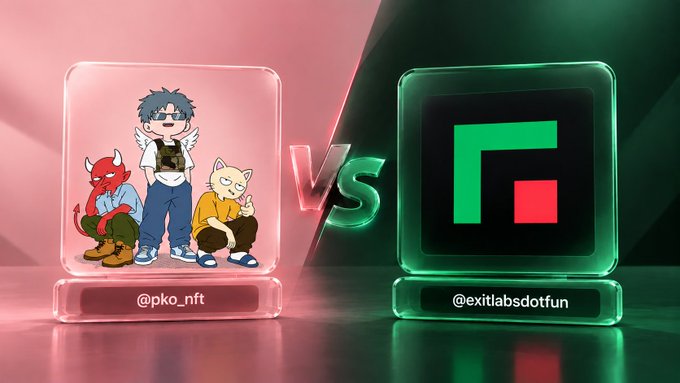 A graphic showing a 'VS' matchup between two NFT projects: @pko_nft (featuring cartoon characters) and @exitlabsdotfun (a green logo).