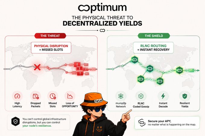 An infographic titled 'optimum: THE PHYSICAL THREAT TO DECENTRALIZED YIELDS,' comparing network threats (THE THREAT) with solutions (THE SHIELD), featuring a cartoon character in an orange hat and sunglasses.