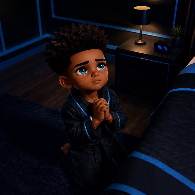 A 3D-rendered cartoon boy with an afro kneeling on the floor, appearing sad and crying, wearing a dark blue robe in a dimly lit bedroom with a digital clock reading 18:15.