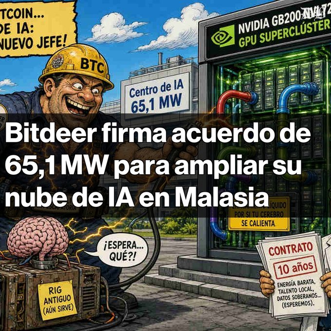 A cartoon illustration showing a miner transitioning to AI, with text reading 'Bitdeer firma acuerdo de 65,1 MW para ampliar su nube de IA en Malasia' featuring a BTC helmet, old mining rig, and new AI data center.