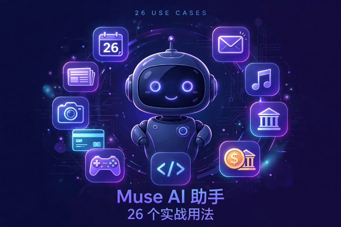 A digital graphic featuring a blue robot surrounded by icons, with text '26 USE CASES' at the top and 'Muse AI 助手 26 个实战用法' at the bottom.
