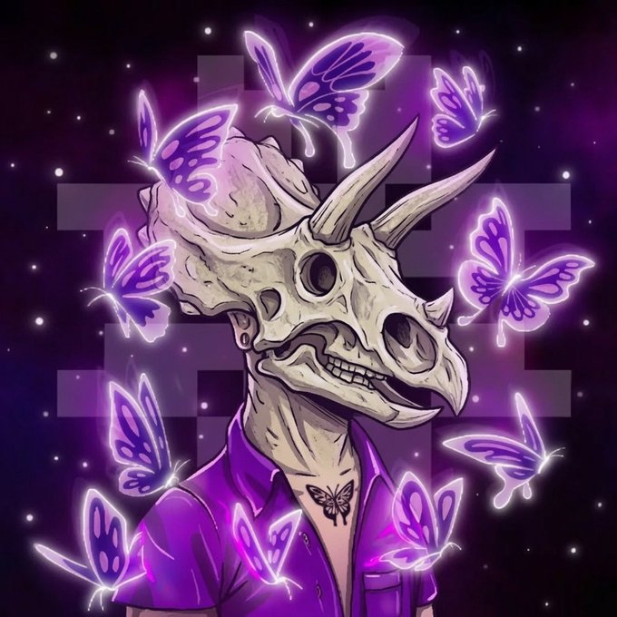 Digital illustration of a skeletal, horned humanoid figure wearing a purple shirt with a butterfly tattoo, surrounded by glowing purple butterflies against a starry purple background.