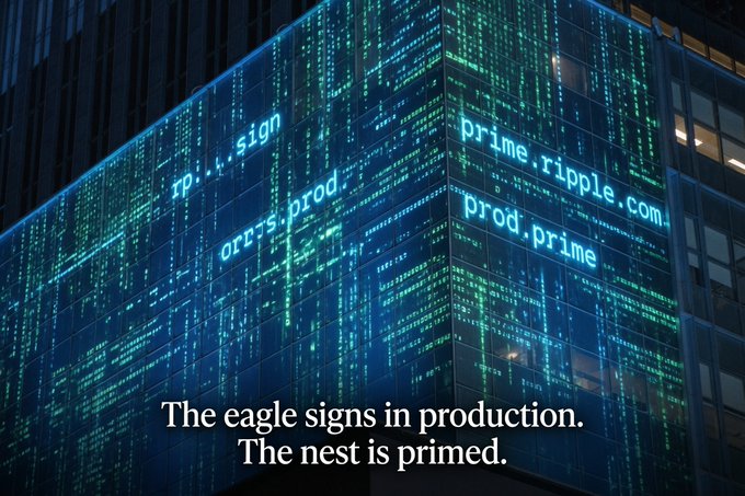 A skyscraper illuminated at night with cascading digital text including "pr..p..sign," "prrrs..prod..," "prime.ripple.com," and "prod.prime," accompanied by a caption stating, "The eagle signs in production. The nest is primed." The glowing code references Ripple's prime production signers, echoing the post's message about the signing key being deployed and hinting at what financial entity may "light up" next.