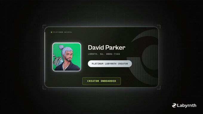 A digital profile card displays 'David Parker' with 'LBRNTH. NO. 0086-7344' and labels 'PLATINUM LABRYNTH CREATOR' and 'CREATOR ONBOARDED' on a dark background.