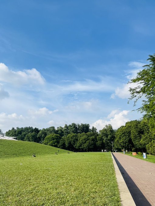 A scenic park view featuring a grassy hill, lush green trees, a paved walkway on the right, and a bright blue sky with scattered clouds.