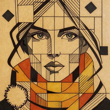 A geometric, art deco-style portrait of a woman's face and shoulders, rendered with angular shapes, crosshatching, and a warm color palette of yellow, orange, and black.