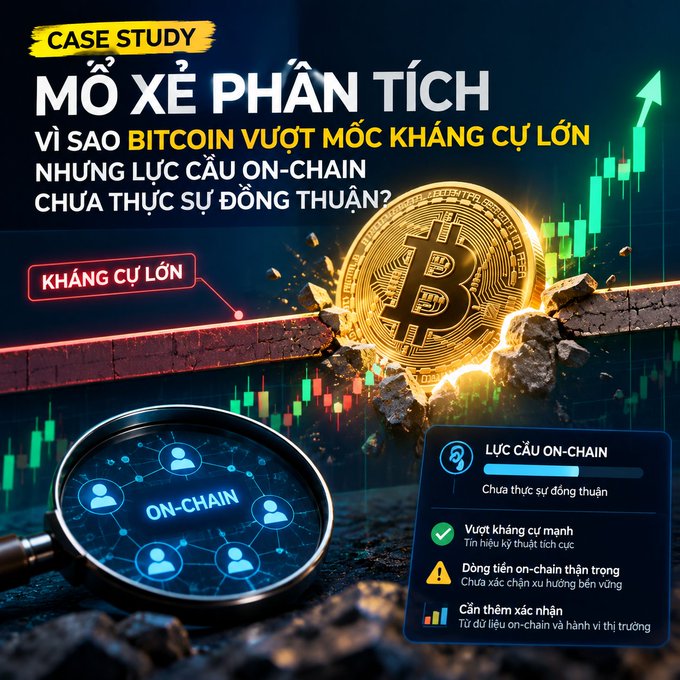 Vietnamese-language crypto case study graphic titled 'MỔ XẺ PHÂN TÍCH' analyzing why Bitcoin surpassed major resistance, featuring a Bitcoin breaking through a barrier with on-chain demand analysis.