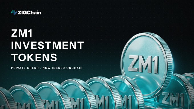 A promotional graphic for ZIGChain's 'ZM1 INVESTMENT TOKENS,' describing private credit now issued onchain, featuring stacked metallic coins embossed with the ZM1 logo.