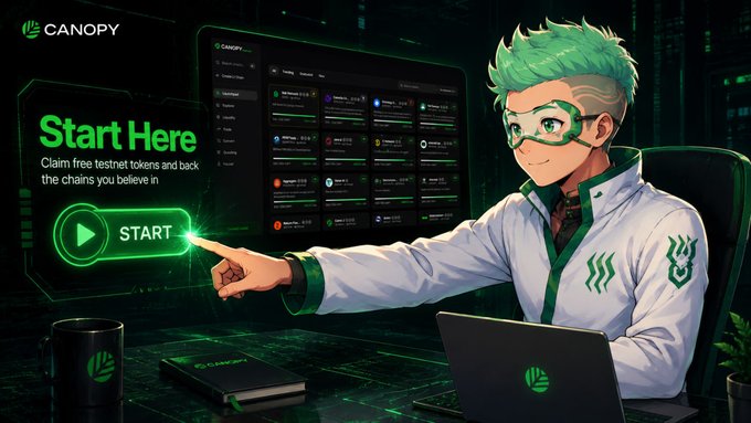 Canopy promotional image featuring a green-haired anime-style character pointing to a 'START' button, with text reading 'Start Here - Claim free testnet tokens and back the chains you believe in.'