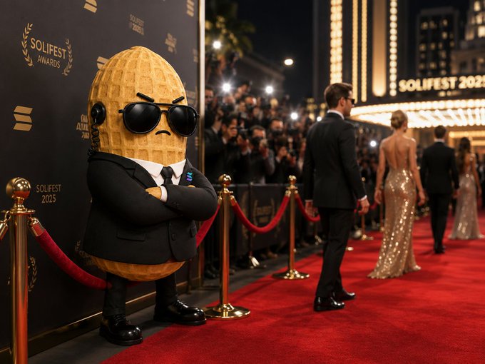An AI-generated image shows a peanut character in a suit and sunglasses posing on a red carpet at the SOLIFEST 2025 Awards.