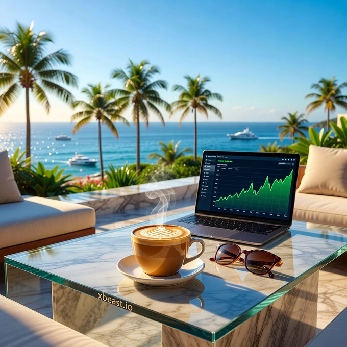 A scenic ocean view from a luxurious balcony with palm trees, featuring a glass table holding a cappuccino, sunglasses, and a laptop displaying a green stock chart, with 'xbeast.io' watermark.