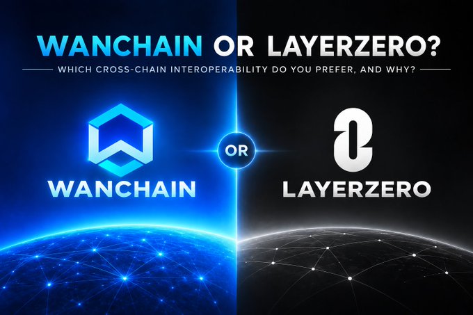 A comparison graphic asking 'WANCHAIN OR LAYERZERO?' to determine which cross-chain interoperability is preferred, displaying both logos against a network globe background.