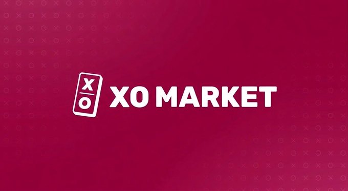 A red graphic with the text 'XO MARKET' and a card icon with X and O symbols, over a background pattern of X's and O's.