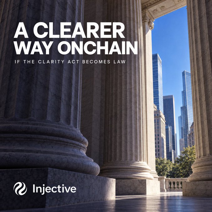 An Injective promotional graphic with the text "A CLEARER WAY ONCHAIN IF THE CLARITY ACT BECOMES LAW" overlaid on an image of classical columns framing a cityscape.
