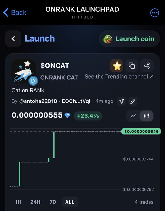 A screenshot of an ONRANK LAUNCHPAD showing the $ONCAT token with a price of 0.000000555 and a +26.4% increase.