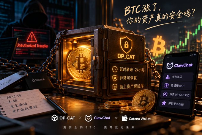 A promotional graphic with Chinese text including 'BTC 涨了' and 'OP.CAT' depicts a Bitcoin inside a locked safe alongside a smartphone showing the 'ClawChat' app interface, promoting crypto wallet security.