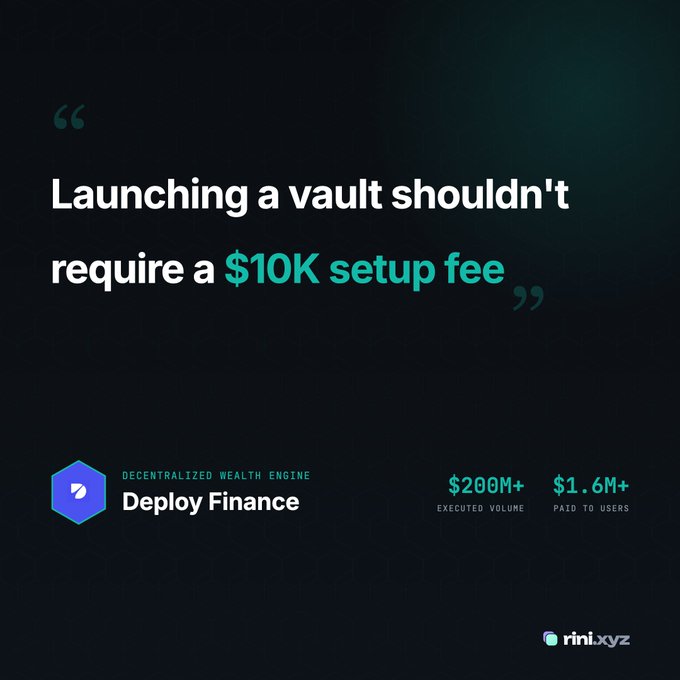 A dark-themed promotional graphic for 'Deploy Finance' (Decentralized Wealth Engine) featuring the quote 'Launching a vault shouldn't require a $10K setup fee,' along with stats '$200M+ EXECUTED VOLUME' and '$1.6M+ PAID TO USERS,' branded with 'rini.xyz'.